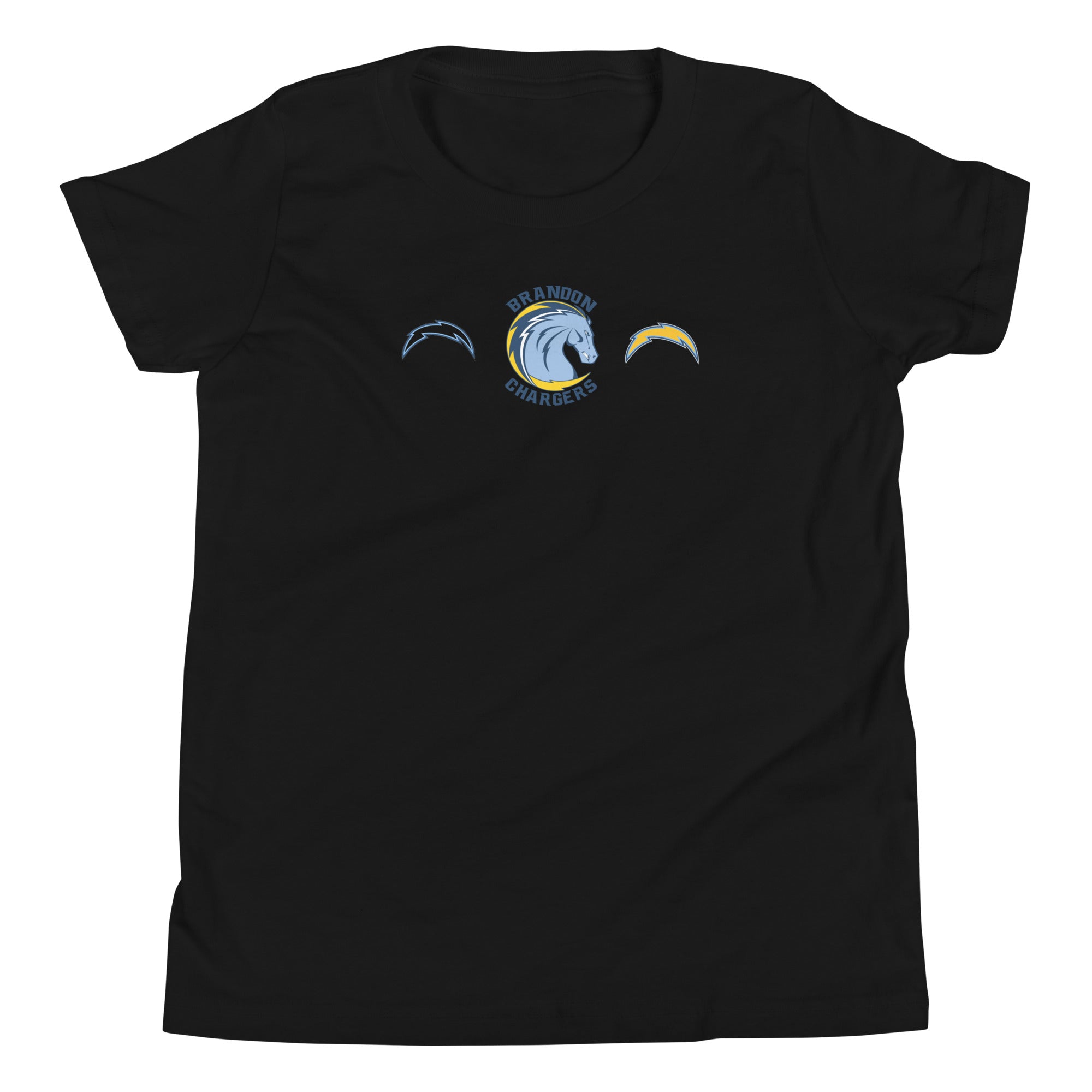 Brandon Chargers Triple Logo Youth Tee by Roll Gear, Black, front view.