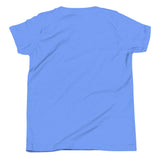 Brandon Chargers Triple Logo Youth Tee by Roll Gear, Heather Columbia Blue, back view.