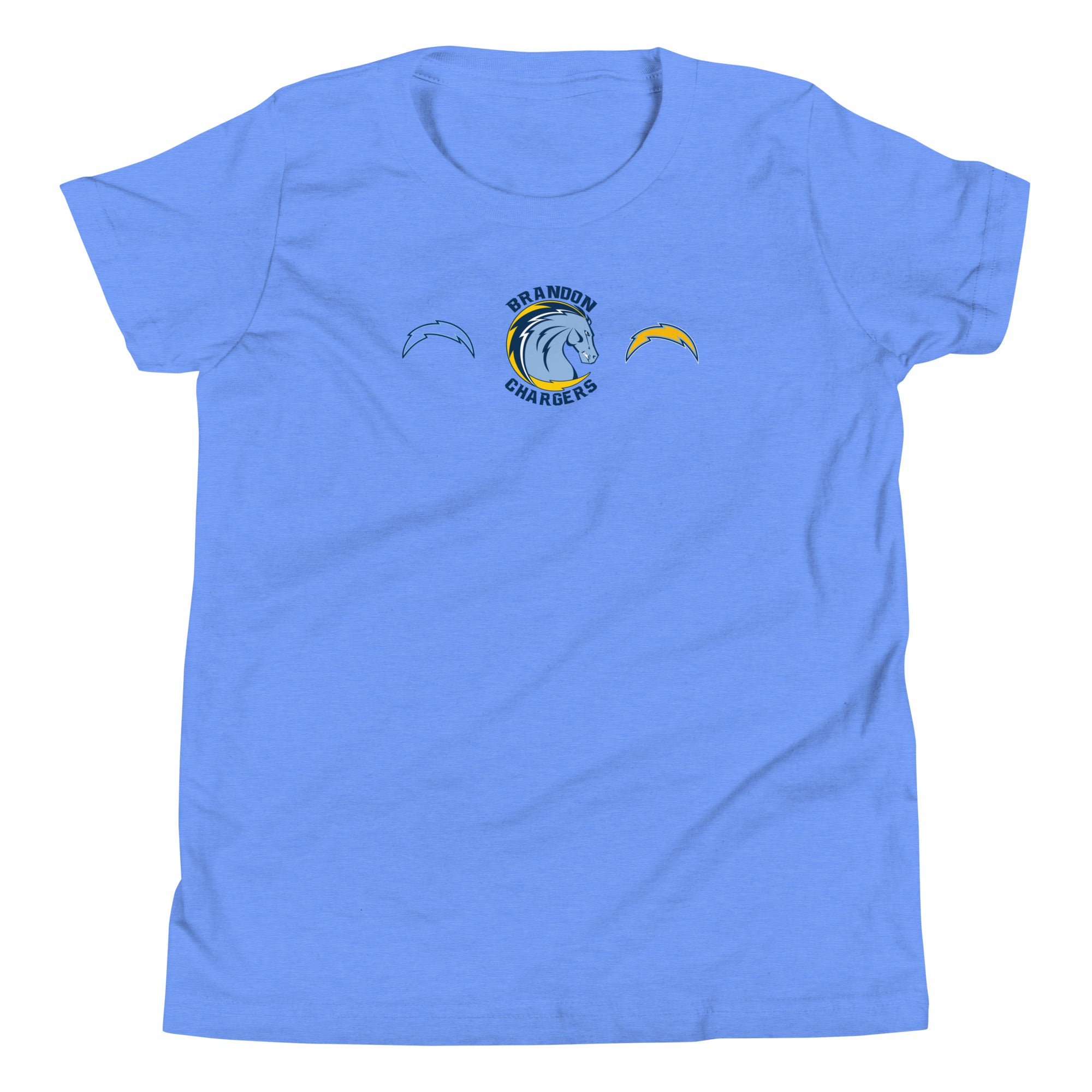 Brandon Chargers Triple Logo Youth Tee by Roll Gear, Heather Columbia Blue, front view.