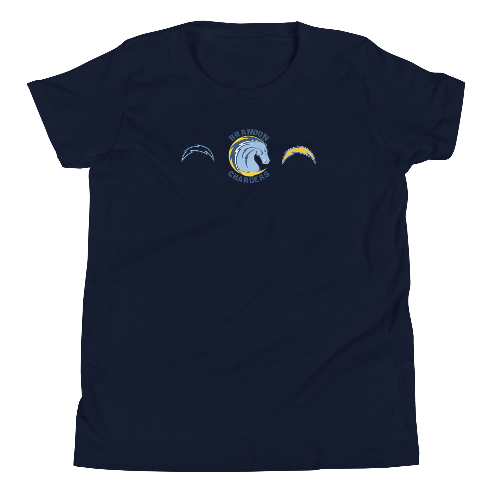 Brandon Chargers Triple Logo Youth Tee by Roll Gear, Navy, front view.