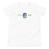 Brandon Chargers Triple Logo Youth Tee by Roll Gear, White, front view.