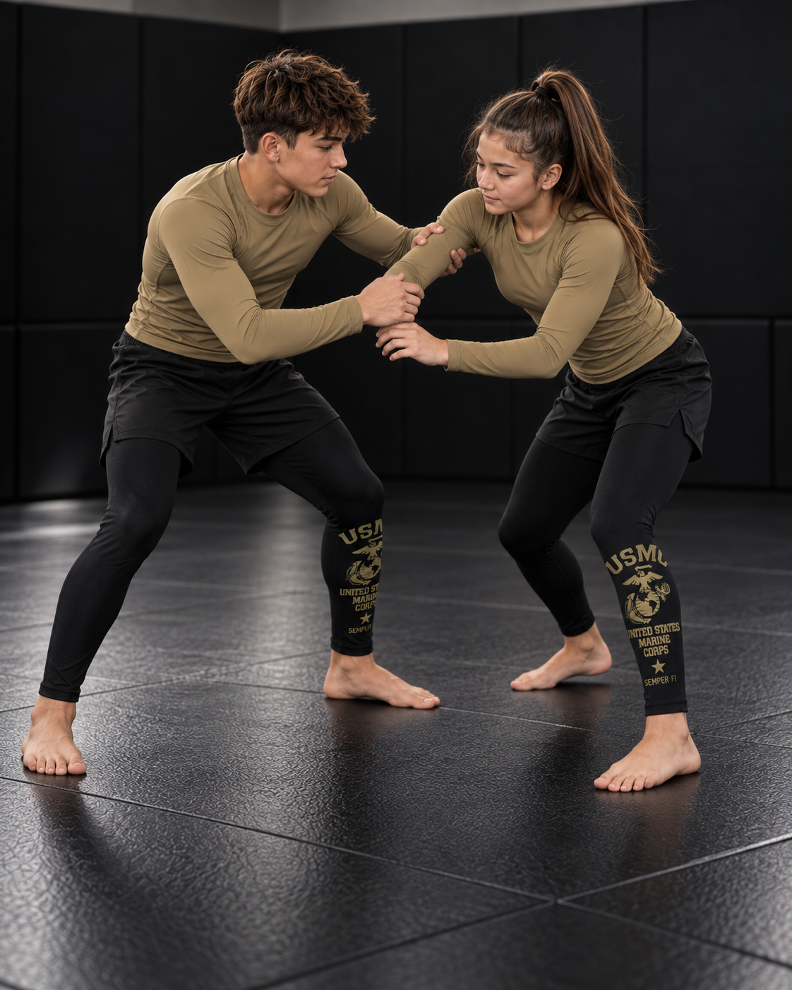 Roll Gear Youth Marines Gold Compression Spats, two teens hand fighting during drills.